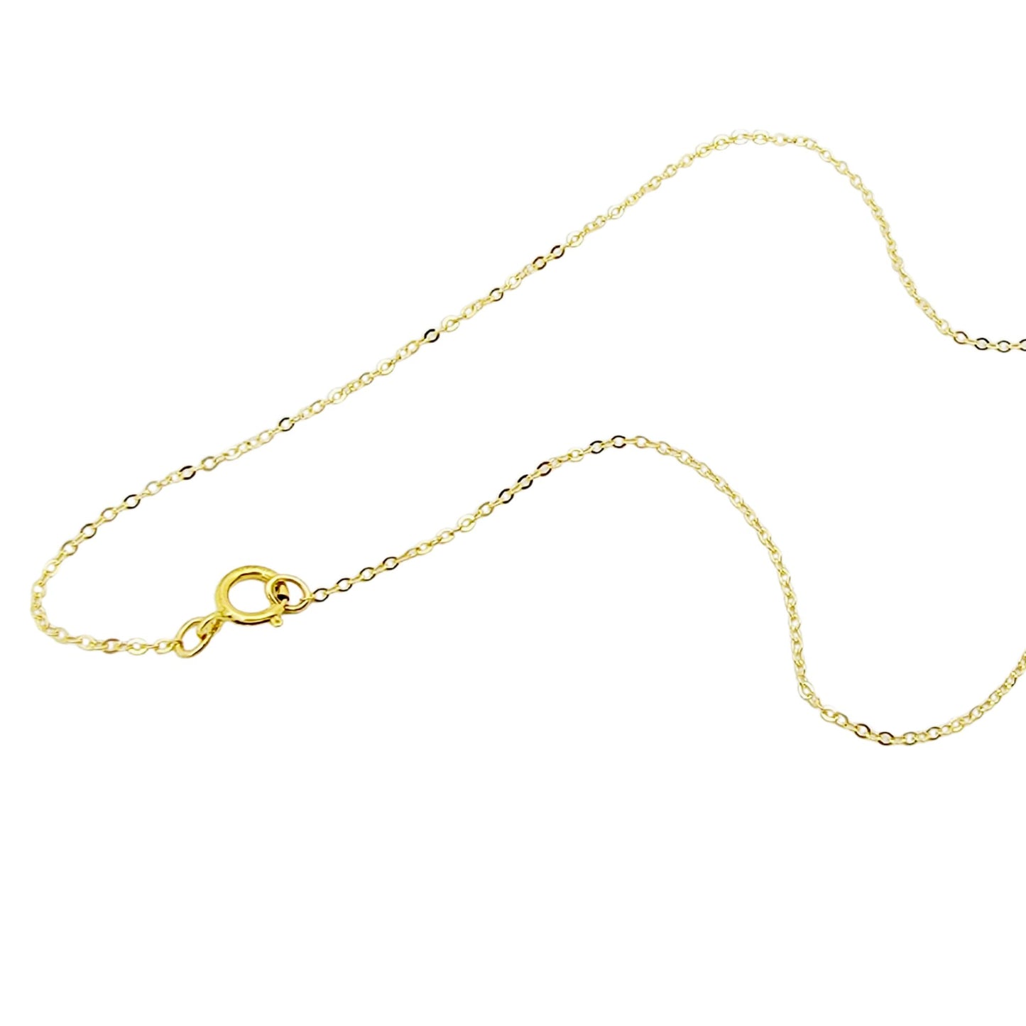 Boomdyadas dainty Gold 16, 18, or 20-inch necklace laying on pure white background - this chain is a 1.1mm 14K gold-filled cable chain with a spring ring clasp.
