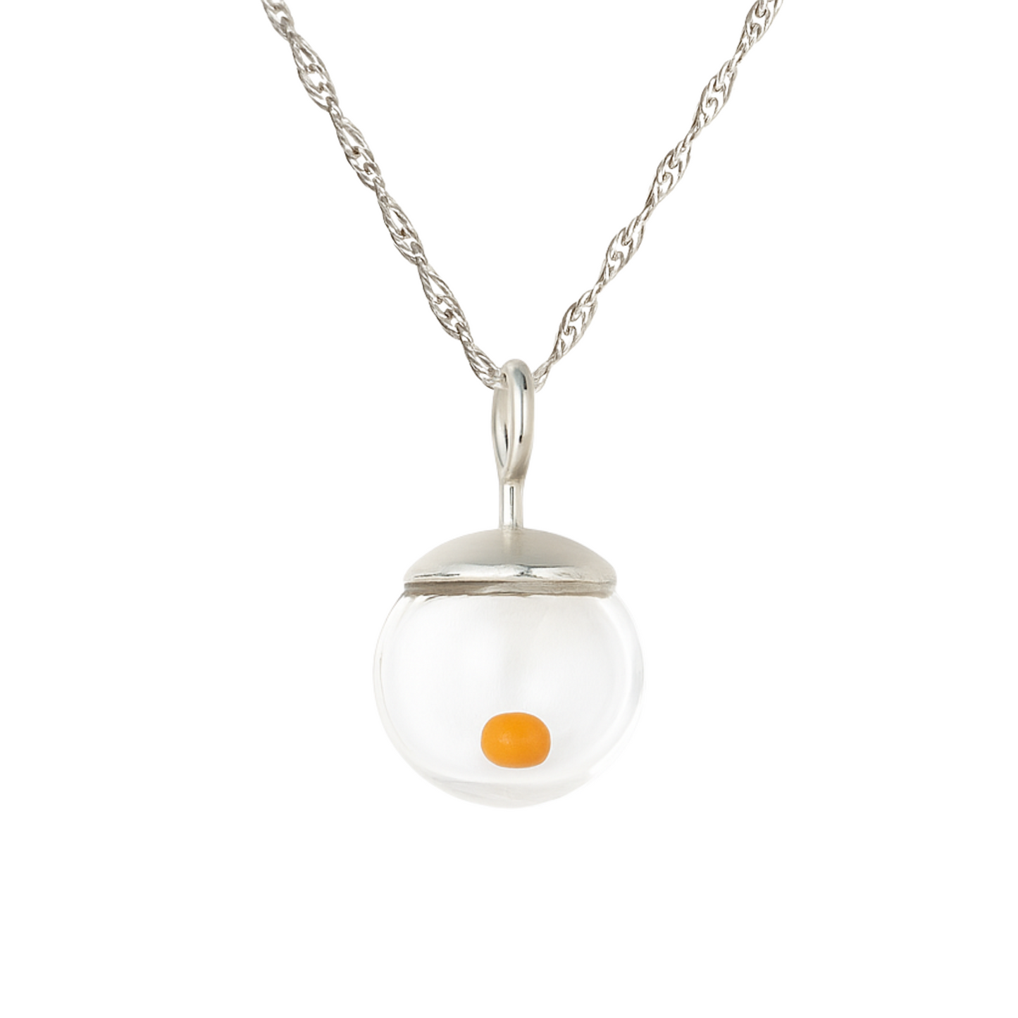 Sterling silver mustard seed necklace featuring a clear hand-blown glass globe pendant with a single real mustard seed inside, hanging from a delicate twisted Singapore-style chain.