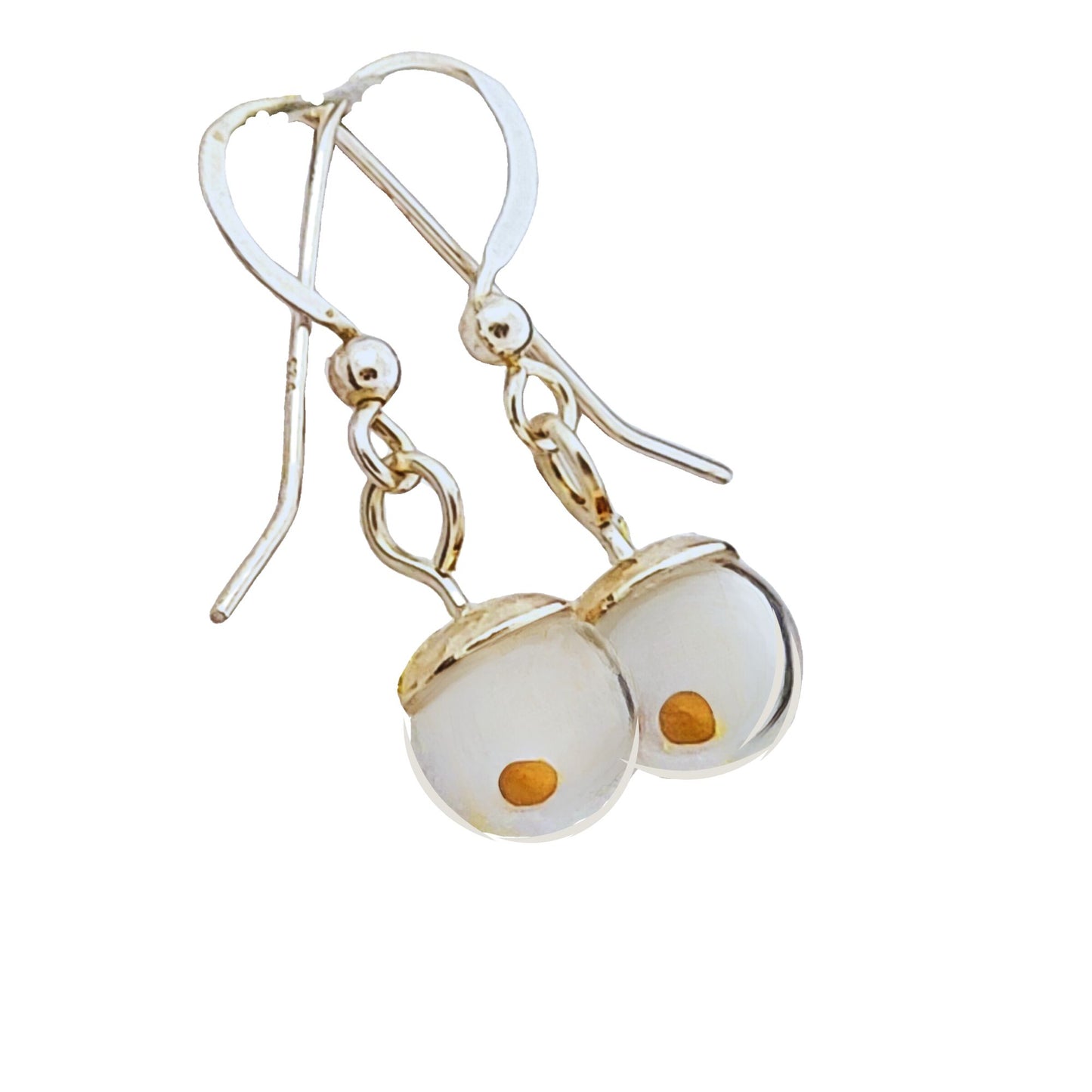 Pair of sterling silver dangle earrings featuring small, clear hand-blown glass globes, each containing a single real mustard seed that moves freely inside. The globes are topped with polished silver caps and suspended from elegant shepherd hook ear wires with secure loops and jump rings. A minimalist, faith-inspired jewelry design with a delicate and timeless look.