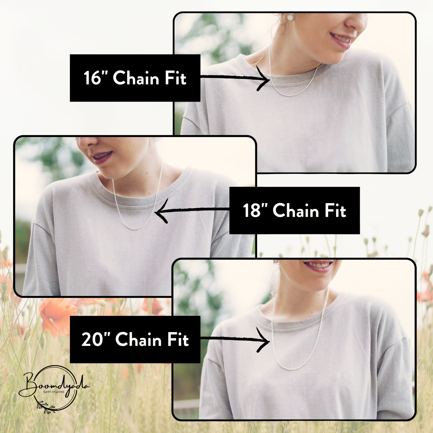 Graphic showing three different necklace chain lengths on a woman wearing a light grey top. The 16" chain sits at the base of the neck (good for youth or petite women), the 18" chain (the most popular choice) rests just below the collarbone, and the 20" chain hangs a bit lower on the chest. Each image is labeled with the corresponding chain length. Background features a soft field of flowers and the Boomdyada logo.