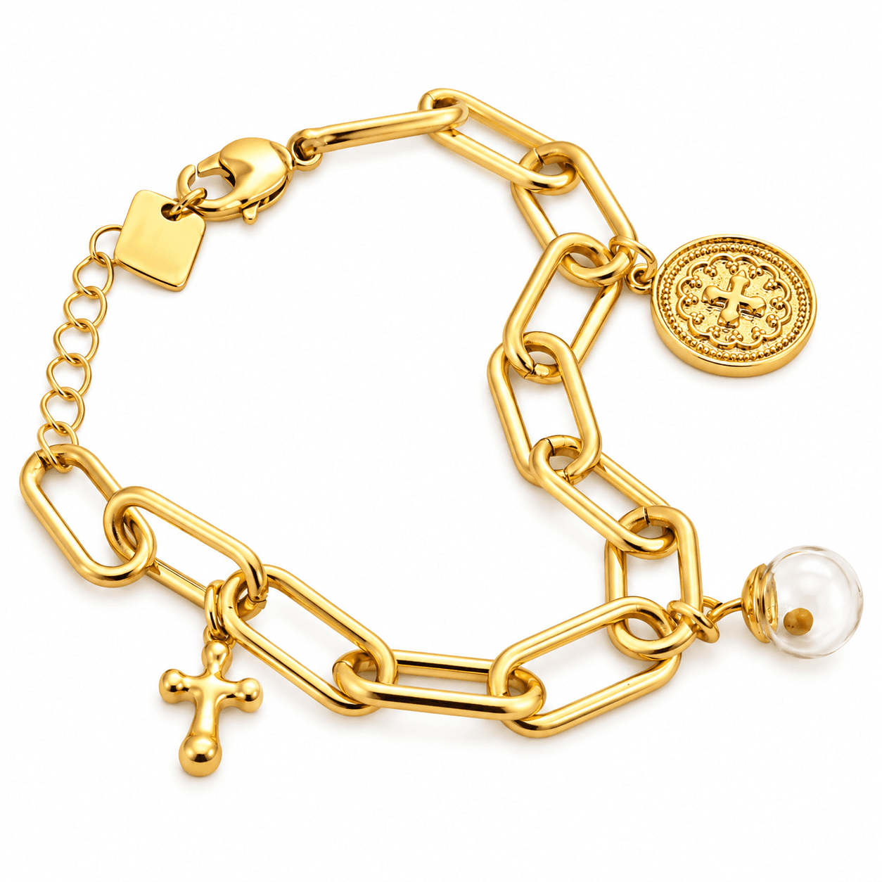 Gold-Filled Chunky Charm Bracelet With Mustard Seed & Cross Charms