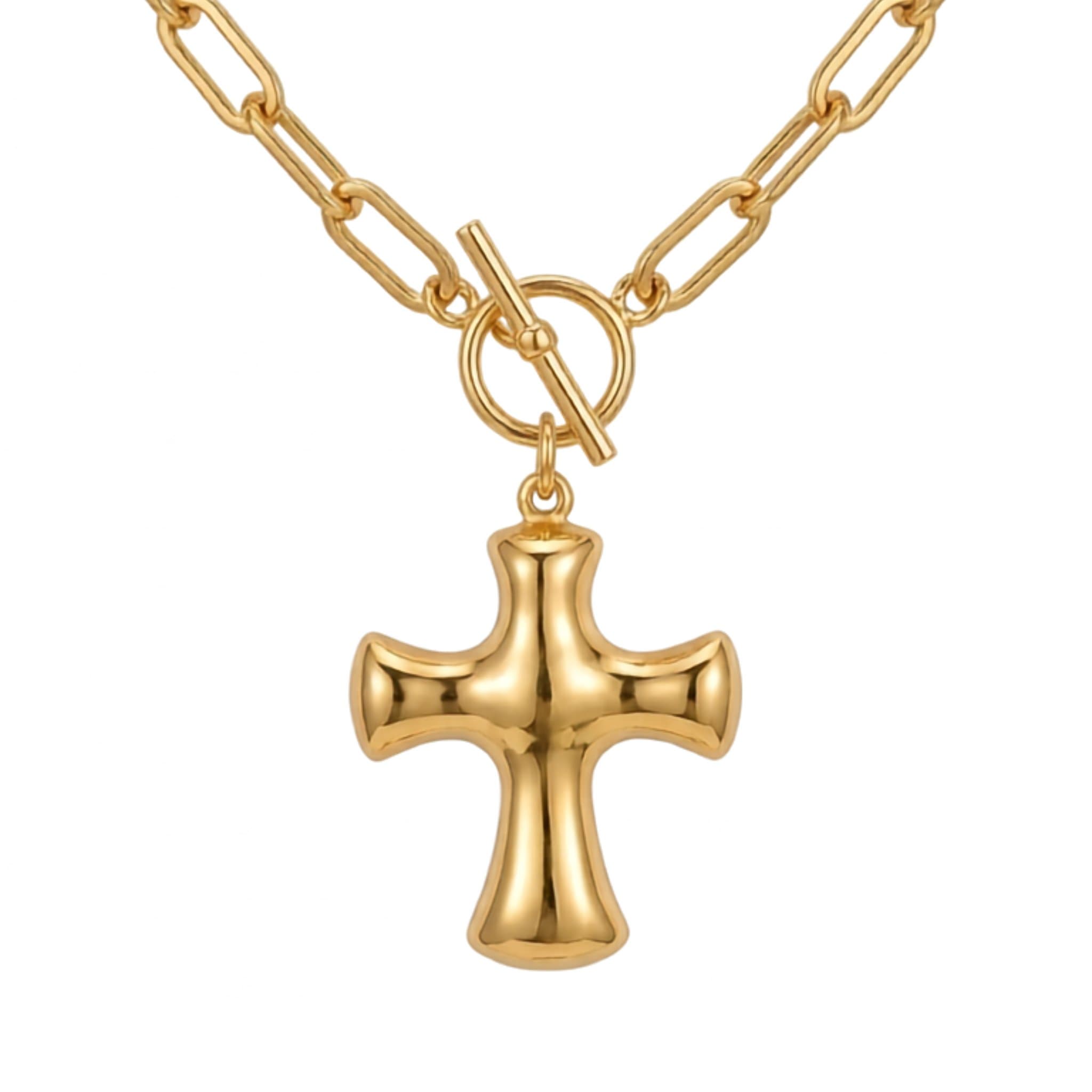 Gold Puffy Cross Charm Necklace