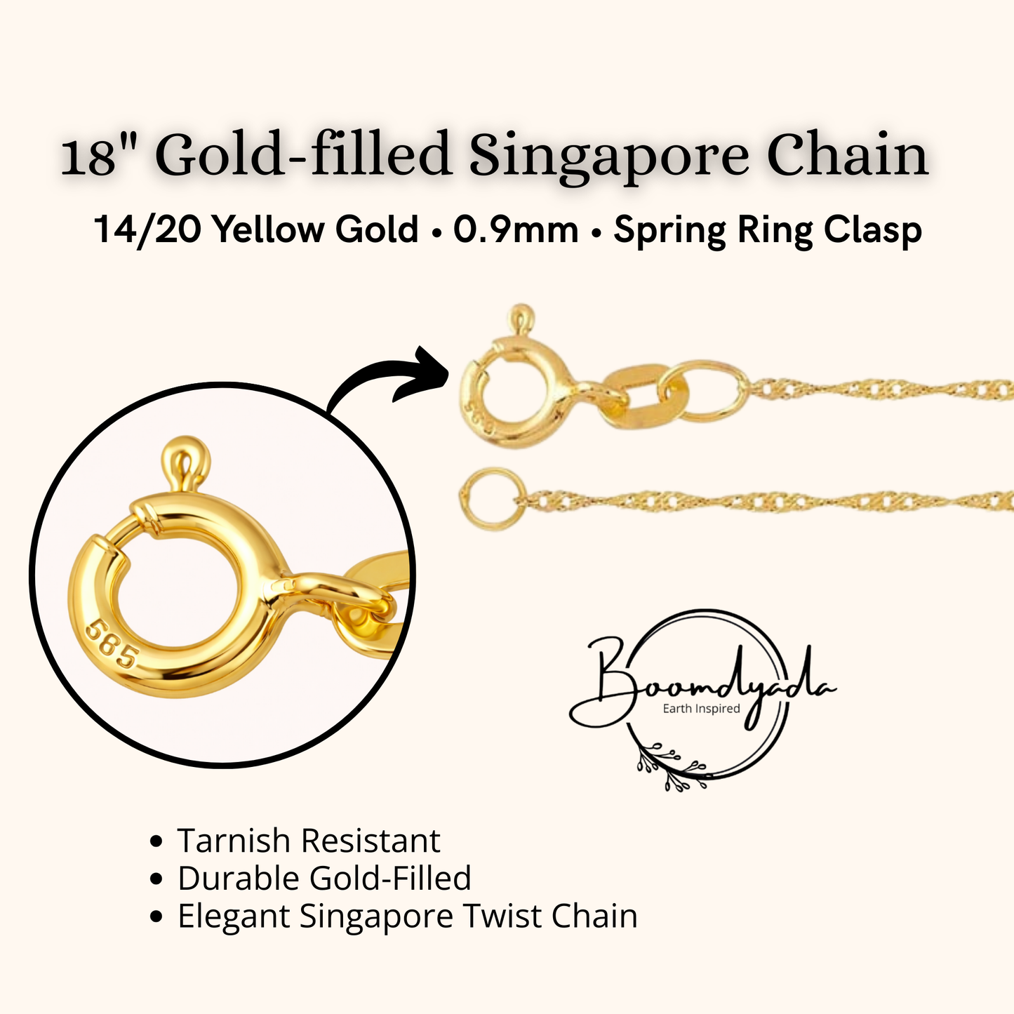 Gold-filled Singapore chain necklace with a spring ring clasp, shown on a light beige background with product details, a close-up of the clasp, and text describing the 18-inch length, yellow gold color, 0.9mm width, and Boondyela branding.