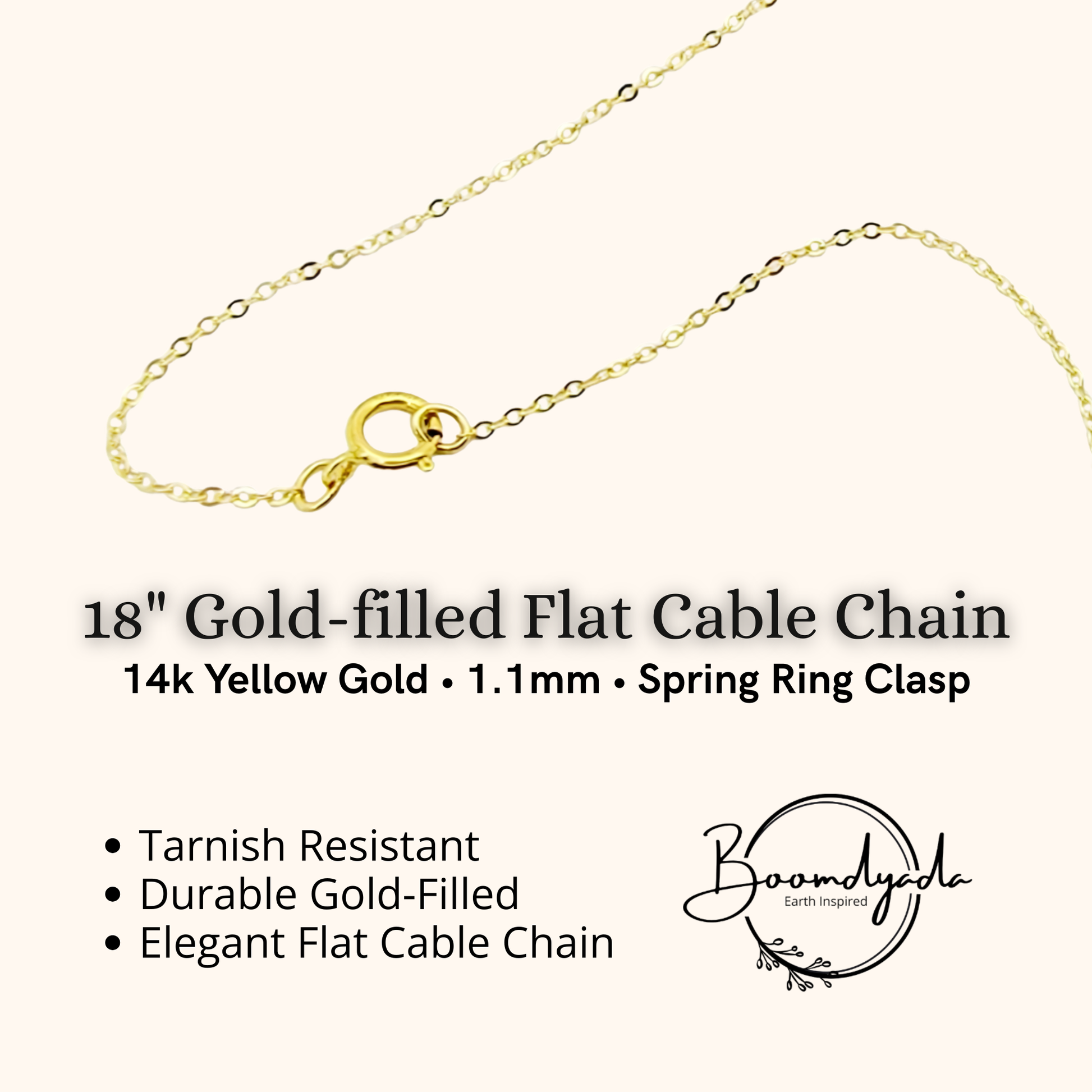 An 18-inch gold-filled flat cable chain necklace with a spring ring clasp, shown on a light beige background with product specifications and the Boomdyade brand logo.