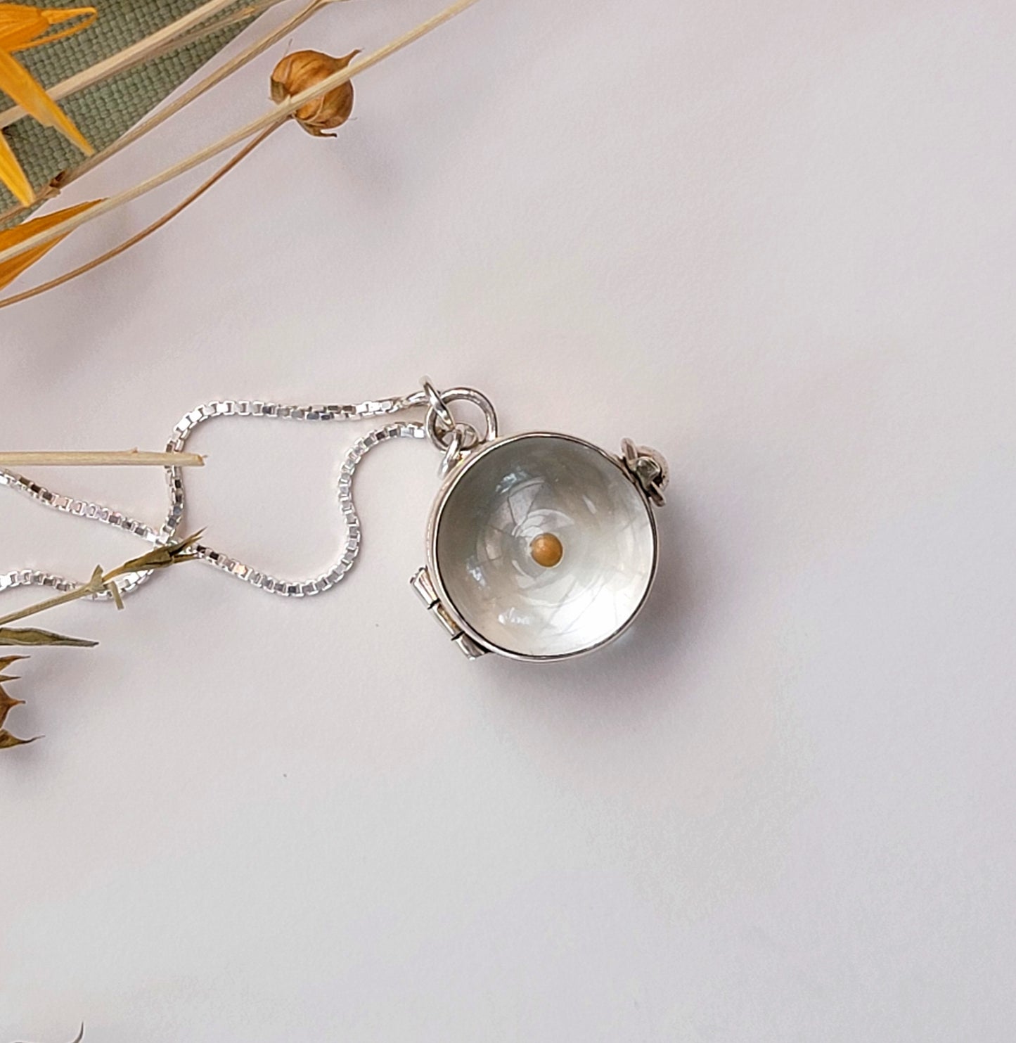 Mustard Seed Necklace for women, Sterling Silver, 28" adjustable chain, vintage style glass globe, heirloom keepsake locket.