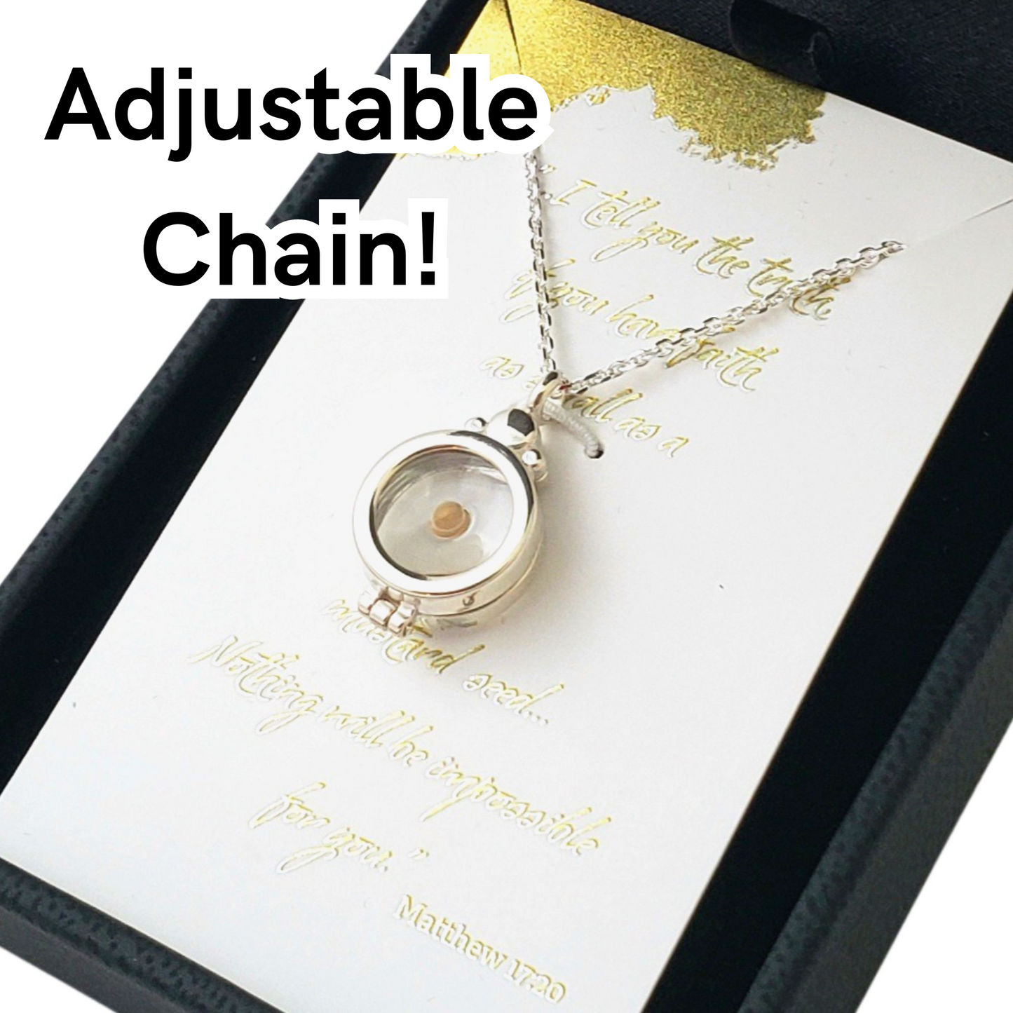 Mustard Seed Necklace, adjustable chain, 925 Sterling Silver and Resin Locket, Faith jewelry, Christmas, inspiration, encouragement, hope