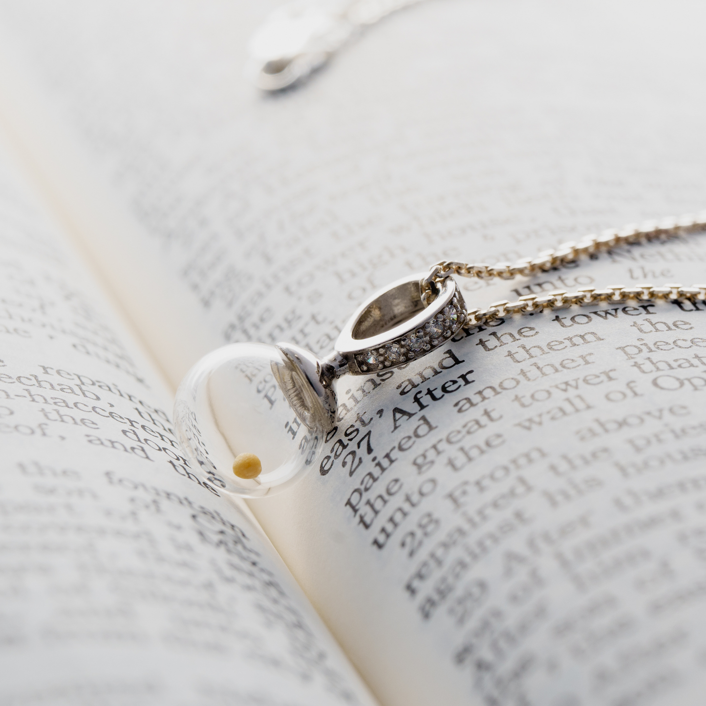 Mustard seed necklace, sterling silver with crystal inlay, faith, inspiration, encouragement, beveled chain