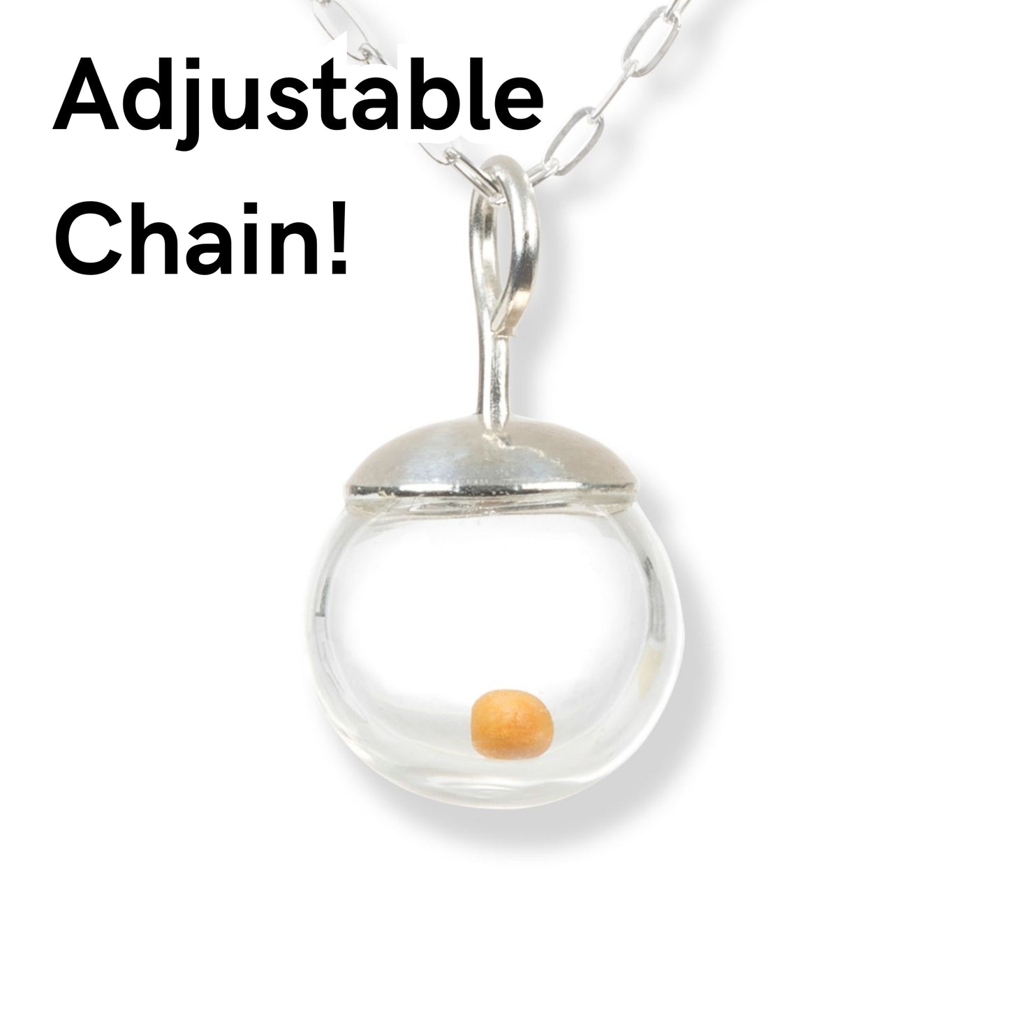 Mustard Seed Necklace, Sterling Silver, Regular 10mm size, Adjustable Chain, Vintage 1950's Style, Hand Blown Glass Globe, Free-floating Mustard Seed, Mother's Day, gift for inspiration, strength, encouragement