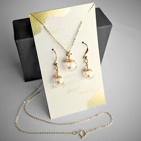 Mustard Seed Necklace and Earring Set, 14k Gold-Filled, 10mm Glass Globe with Moving Seed, Gift Wrapped with Scripture Card