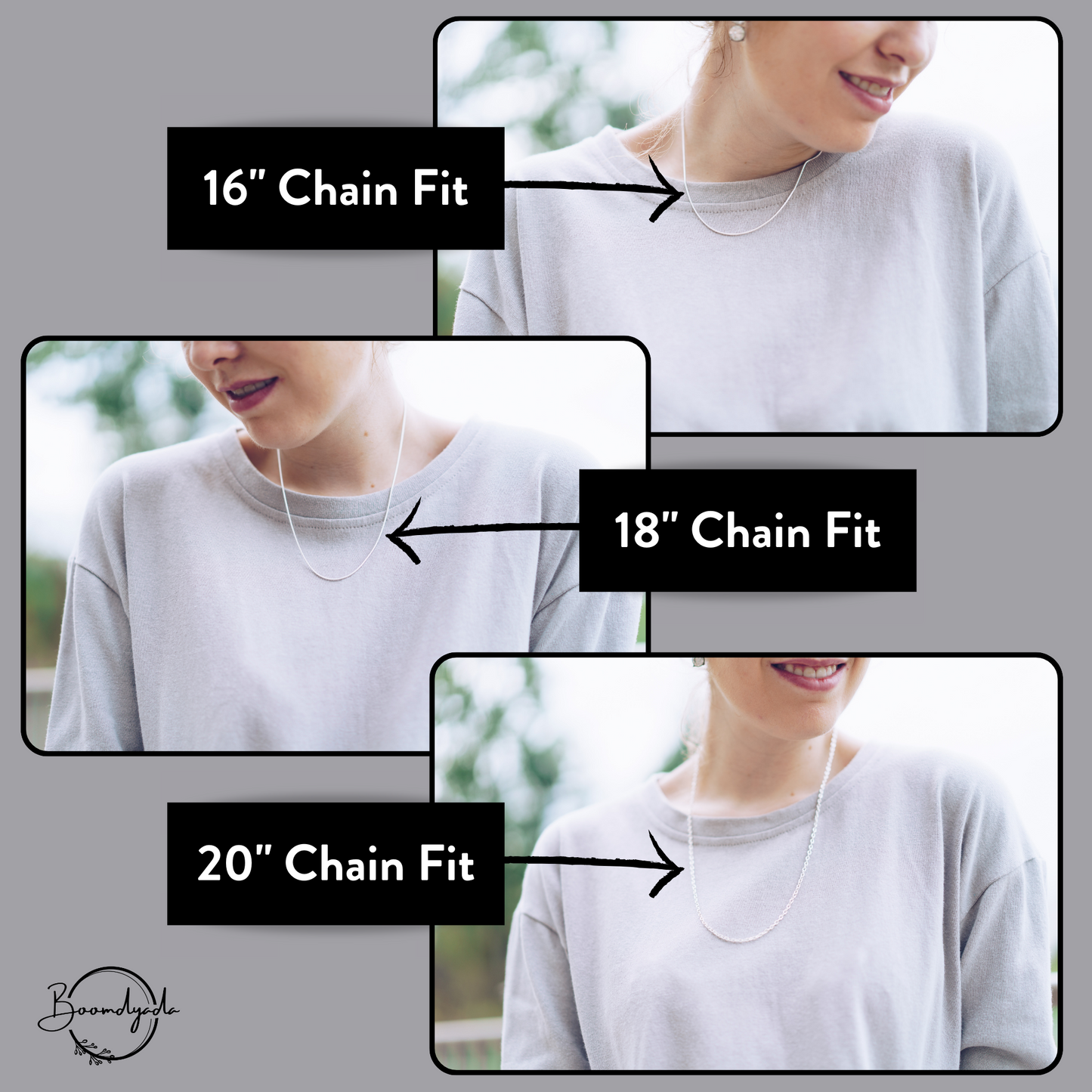 The 16" chain is our shortest chain and will hang to your t-shirt's neckline. The 18" chain will hang a few inches lower and our 20" chain will hang the lowest at about mid-chest level.