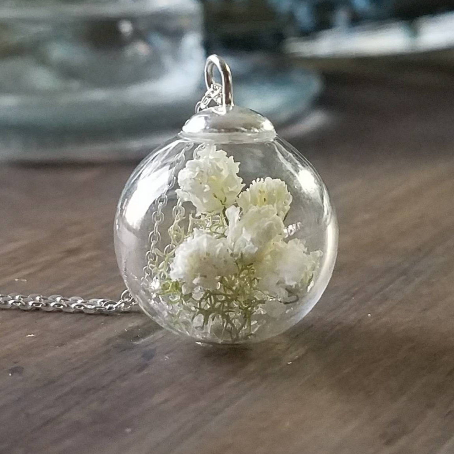 Expecting mom's gift, Baby's Breath and Sterling Silver necklace, terrarium, botanical dried flower necklace, Baby Shower, We're expecting!