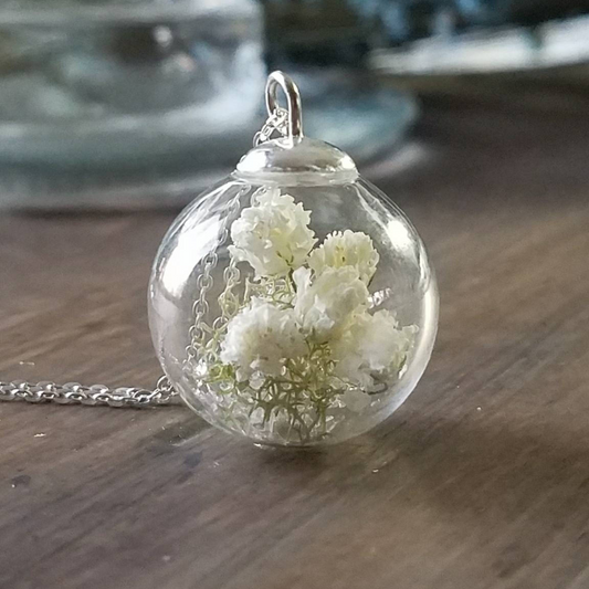 Expecting mom's gift, Baby's Breath and Sterling Silver necklace, terrarium, botanical dried flower necklace, Baby Shower, We're expecting!