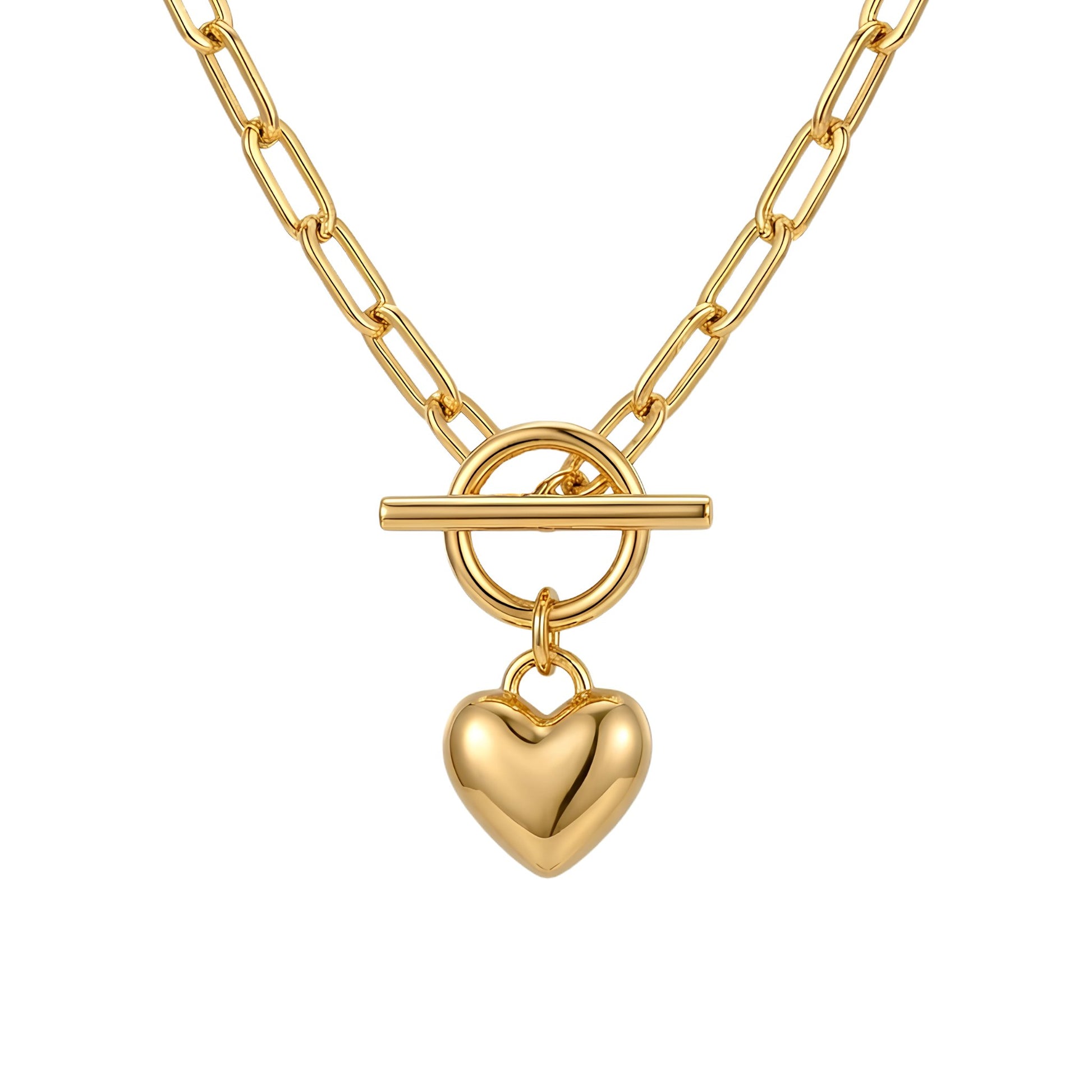 A professional product image of a polished 14k gold-plated paperclip chain necklace hanging in a symmetrical V-shape against a pure white background, featuring a center toggle clasp closure with a dangling puffed heart charm.