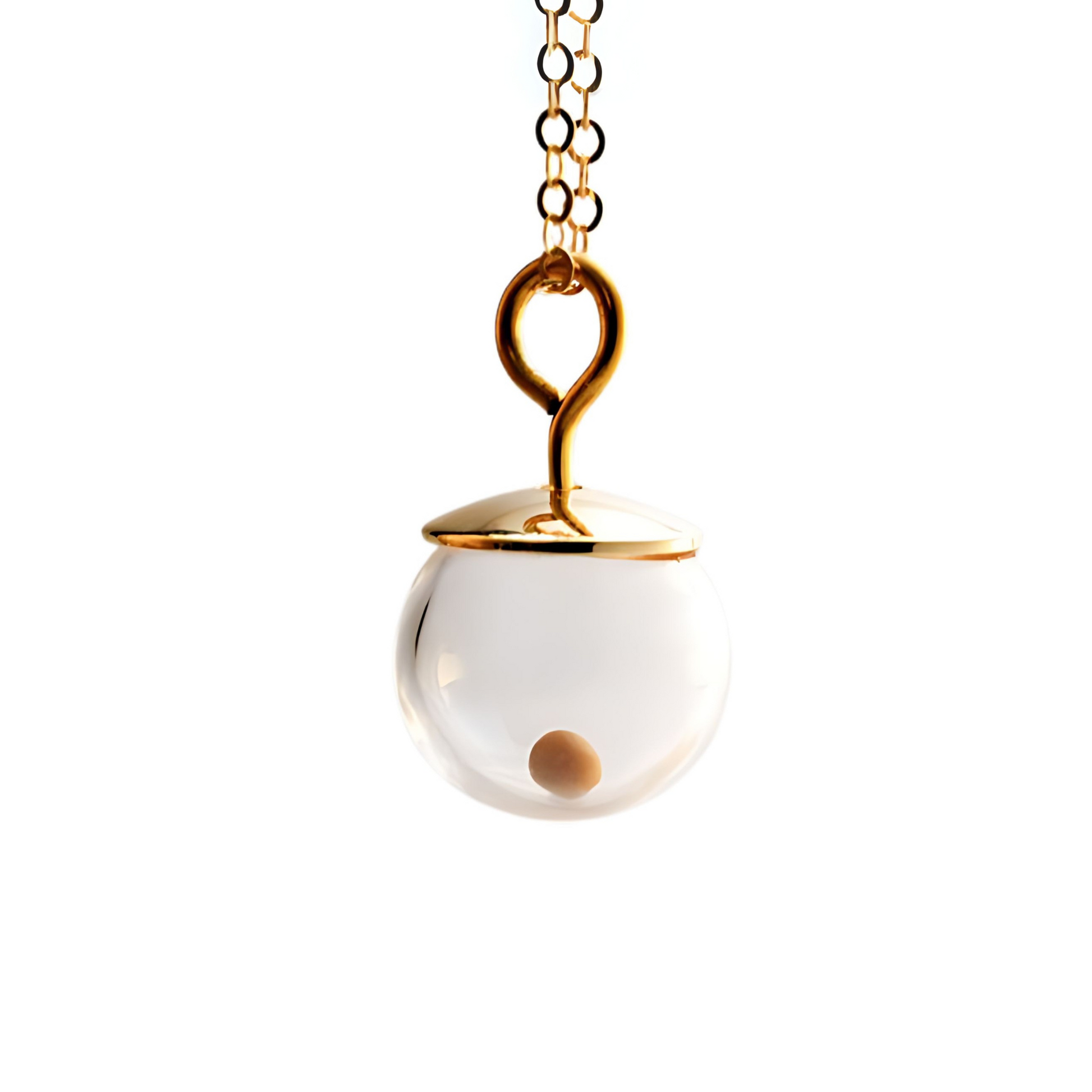 Close-up of a Regular 14K gold-filled mustard seed necklace against a white background, featuring a single real mustard seed enclosed in a clear 10mm hand-blown glass globe with a polished gold-filled cap and a handmade 3mm loop, suspended from a delicate gold-filled cable chain.
