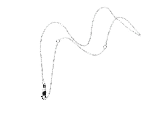 a one mm 925 sterling silver cable chain with a lobster claw clasp which is adjustable to 16, 18, or 20 inches in length for the perfect fit with any neckline. The chain is shown on a plain white background to show off its beauty.