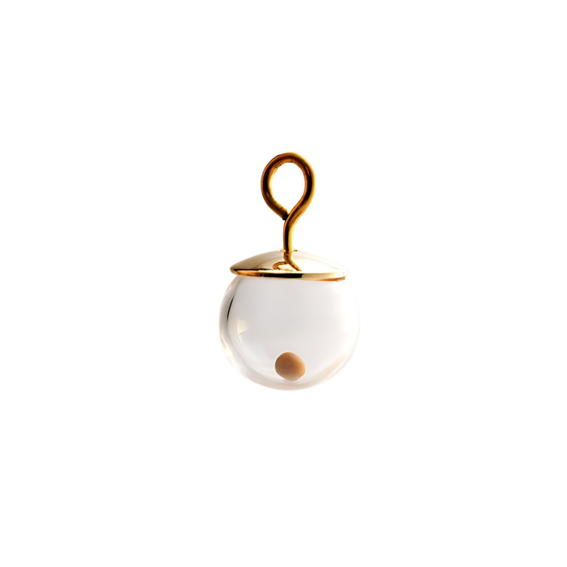 Close-up of a Tiny 14K gold-filled mustard seed charm against a white background, featuring a single real mustard seed enclosed in a clear 8mm (approximately ¼ inch diameter) hand-blown glass globe with a polished gold-filled cap and a handmade 3mm loop.
