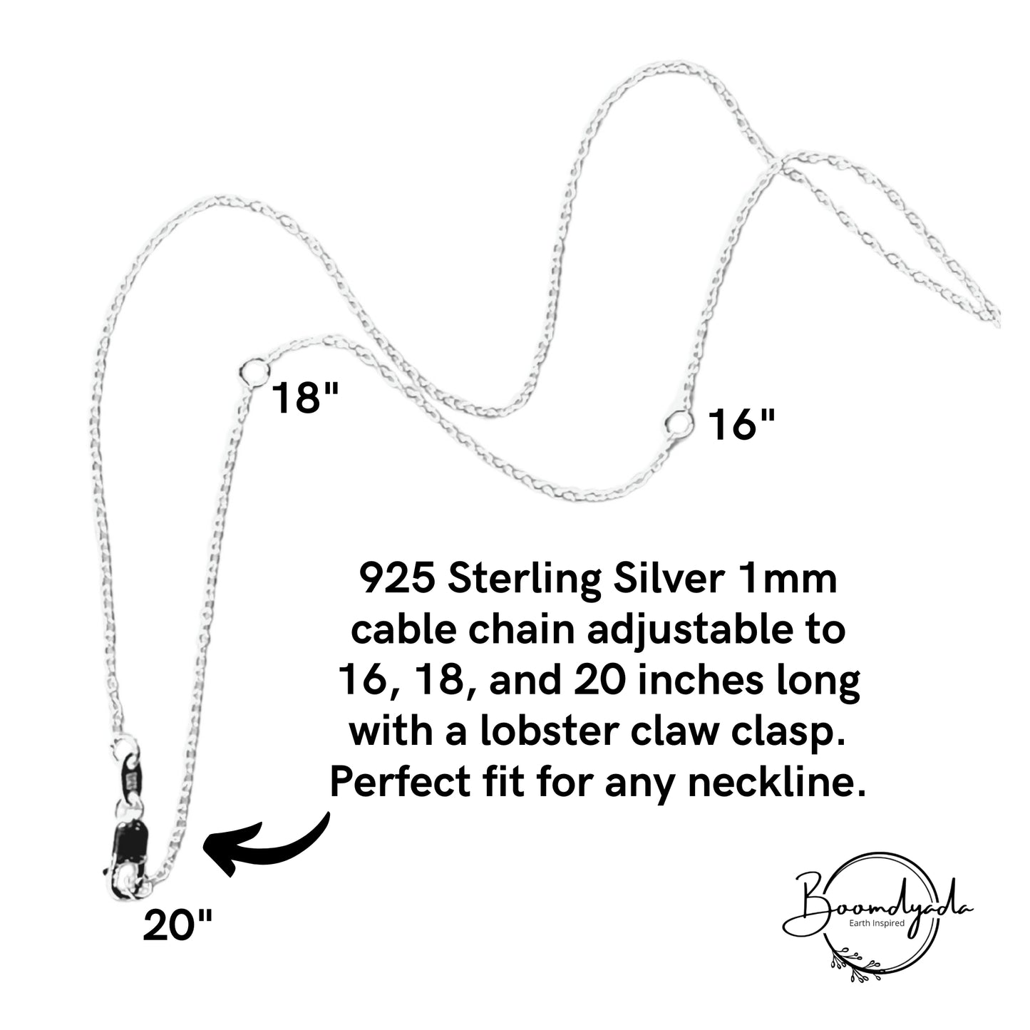 The Mustard Seed Gallery By Boomdyada ~ our NEW 925 Sterling silver 1 mm cab le chain is adjustable to 16, 18, and 20 inches long with a lobster claw clasp. the chain is shown laid out on a white background to clearly show the 3 stations on the chain.
