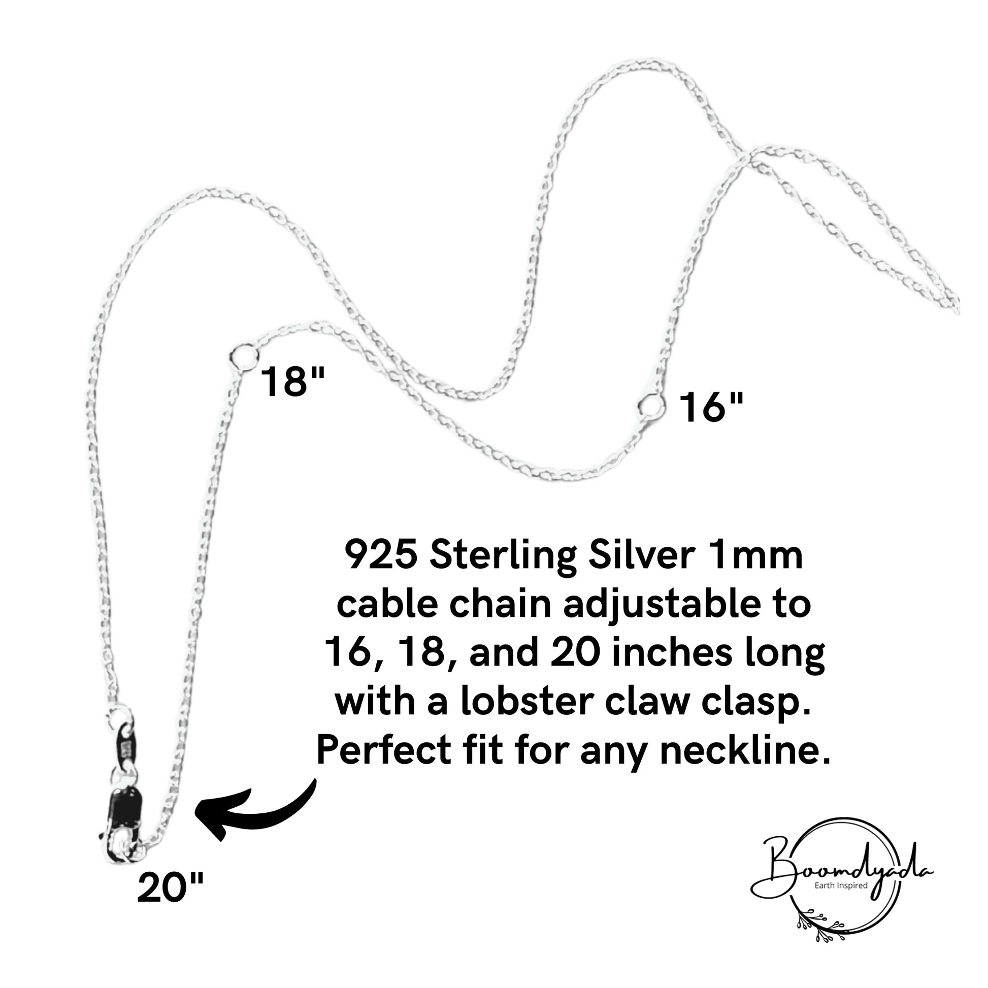 The Mustard Seed Gallery By Boomdyada ~ our NEW 925 Sterling silver 1 mm cab le chain is adjustable to 16, 18, and 20 inches long with a lobster claw clasp. the chain is shown laid out on a white background to clearly show the 3 stations on the chain.