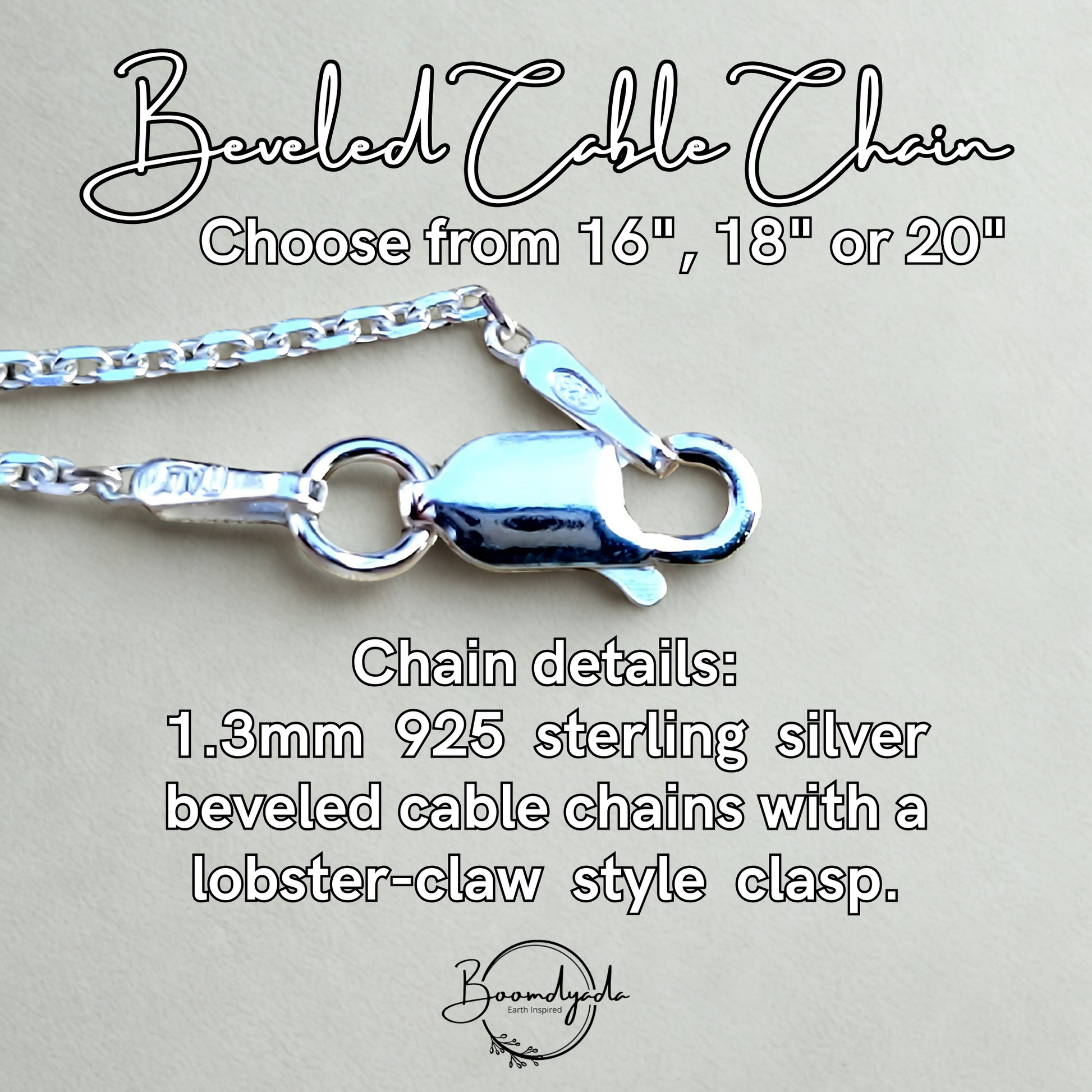 Close-up image of a 925 sterling silver beveled cable chain with a lobster-claw style clasp. The chain is 1.3mm thick and available in 16", 18", or 20" lengths. Text overlay provides chain details and sizing options. The Boomdyada Earth Inspired logo appears at the bottom.