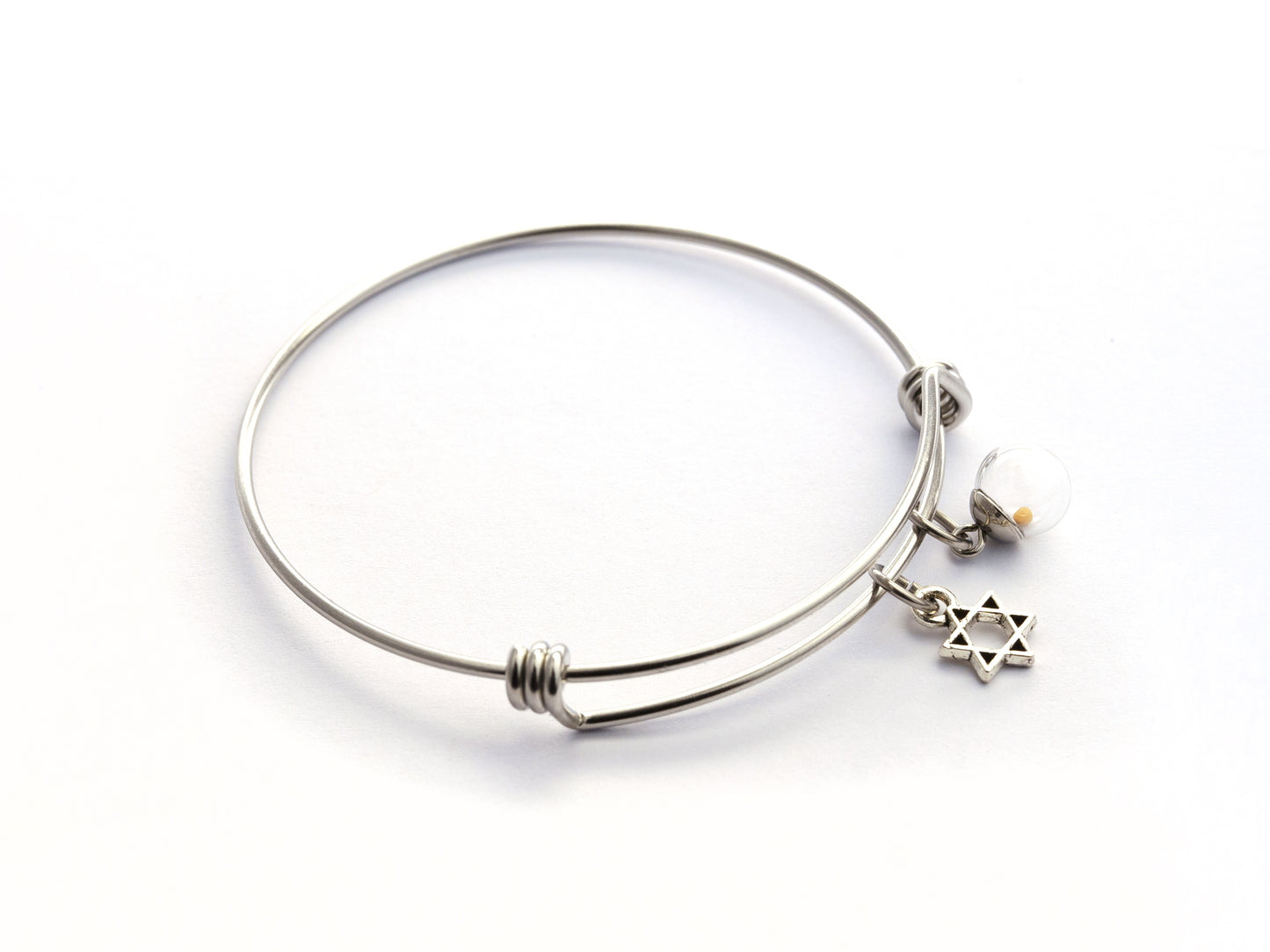 Custom Mustard Seed Charm Bracelet with Jewish Star, adjustable stainless steel two charm bangle.