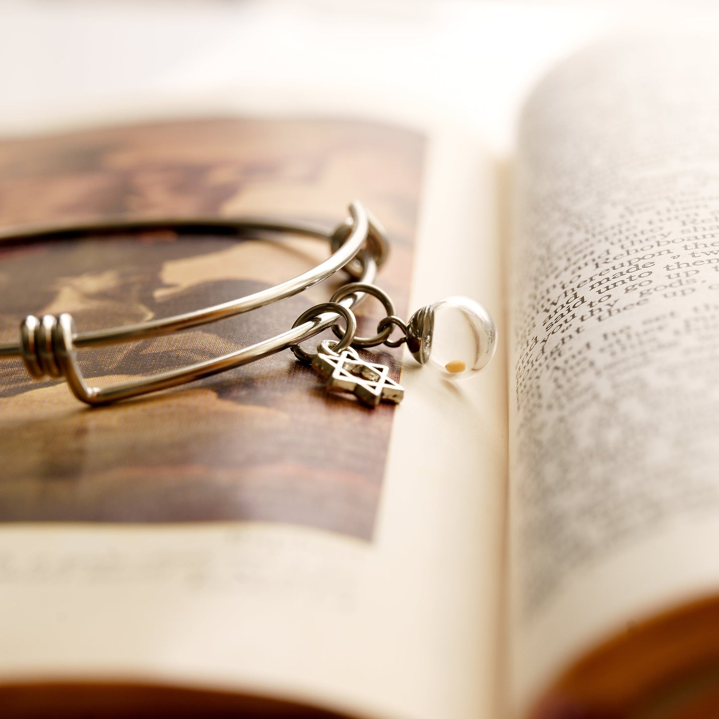 Custom Mustard Seed Charm Bracelet with Jewish Star, adjustable stainless steel two charm bangle.