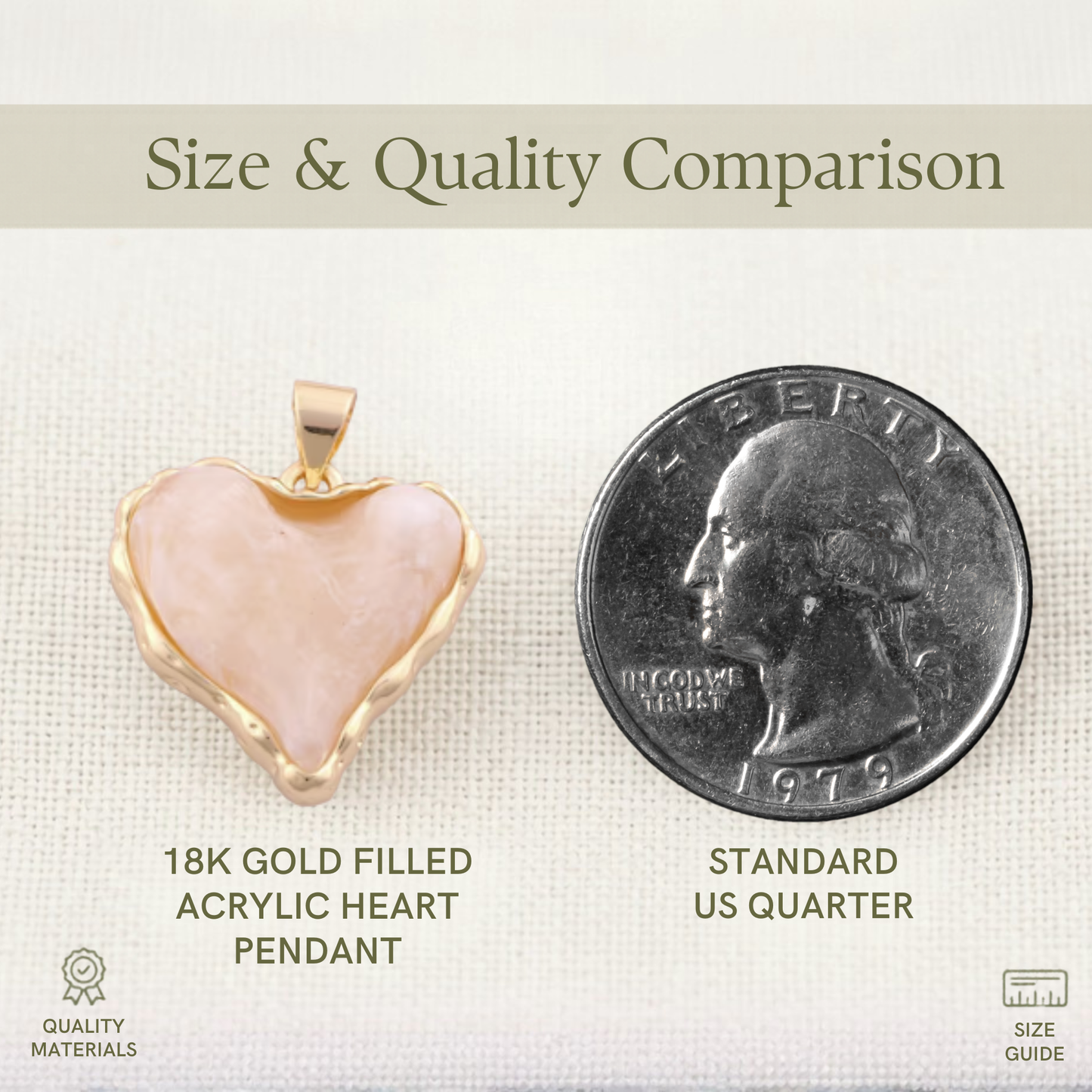 A Size and Quality Comparison graphic showing an 18K gold filled acrylic heart pendant next to a standard US quarter for scale. The pendant is a soft milky pink, heart-shaped acrylic stone with a wavy gold border and bail, appearing slightly smaller than the quarter. The image includes "Quality Materials" and "Size Guide" icons at the bottom.