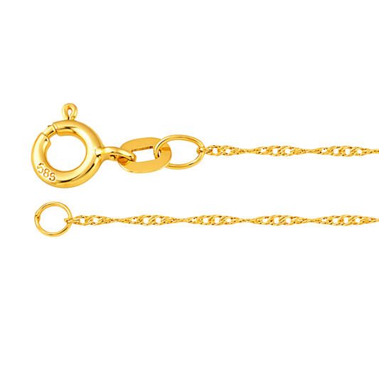 A close-up of a yellow gold singapore chain necklace showing a spring-ring clasp with a '585' purity stamp, on a plain white background.
