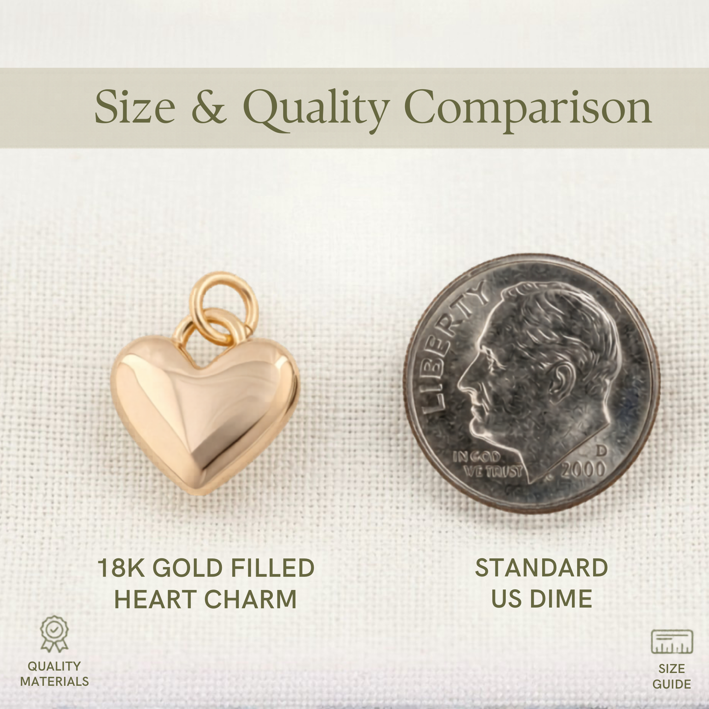 A Size & Quality Comparison graphic shows an 18K gold filled puffy heart charm next to a standard US dime for scale. The polished gold heart is shown with its attachment rings and is slightly smaller than the dime. The image features a clean cream background with "Size & Quality Comparison" text at the top, along with "Quality Materials" and "Size Guide" icons in the bottom corners. 