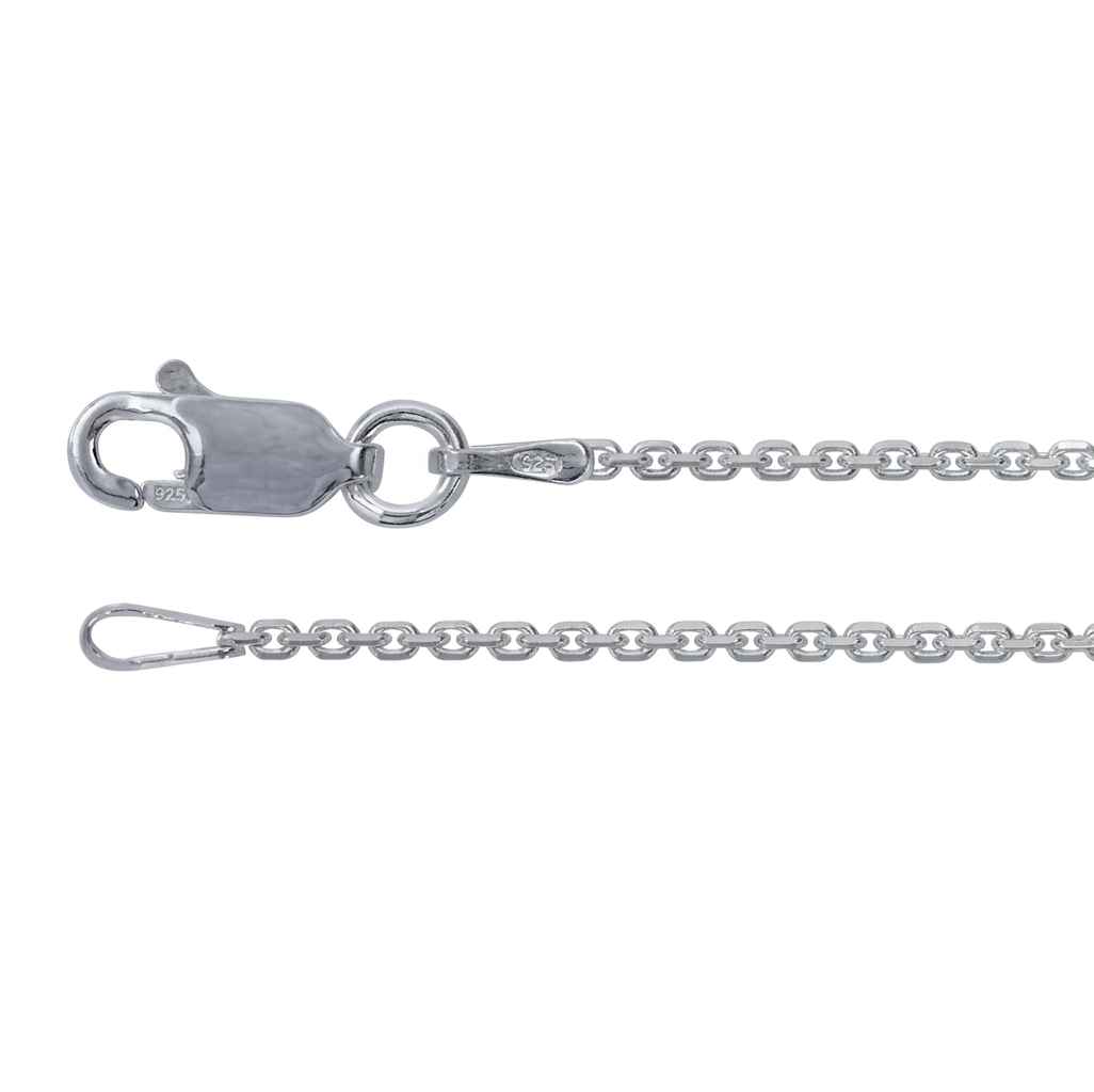 A high-contrast product photo featuring a polished 925 sterling silver rolo chain necklace with a lobster clasp closure, resting horizontally on a dark, textured black slate stone surface.
