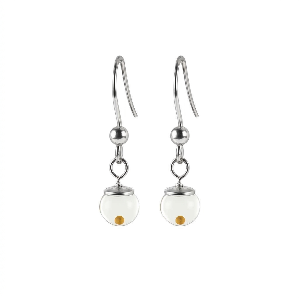A professional product image of a pair of dangle mustard seed earrings against a pure white background, featuring polished 925 sterling silver Shepard hooks with metallic bead accents, hanging down to clear glass globes that each contain a single yellow mustard seed.