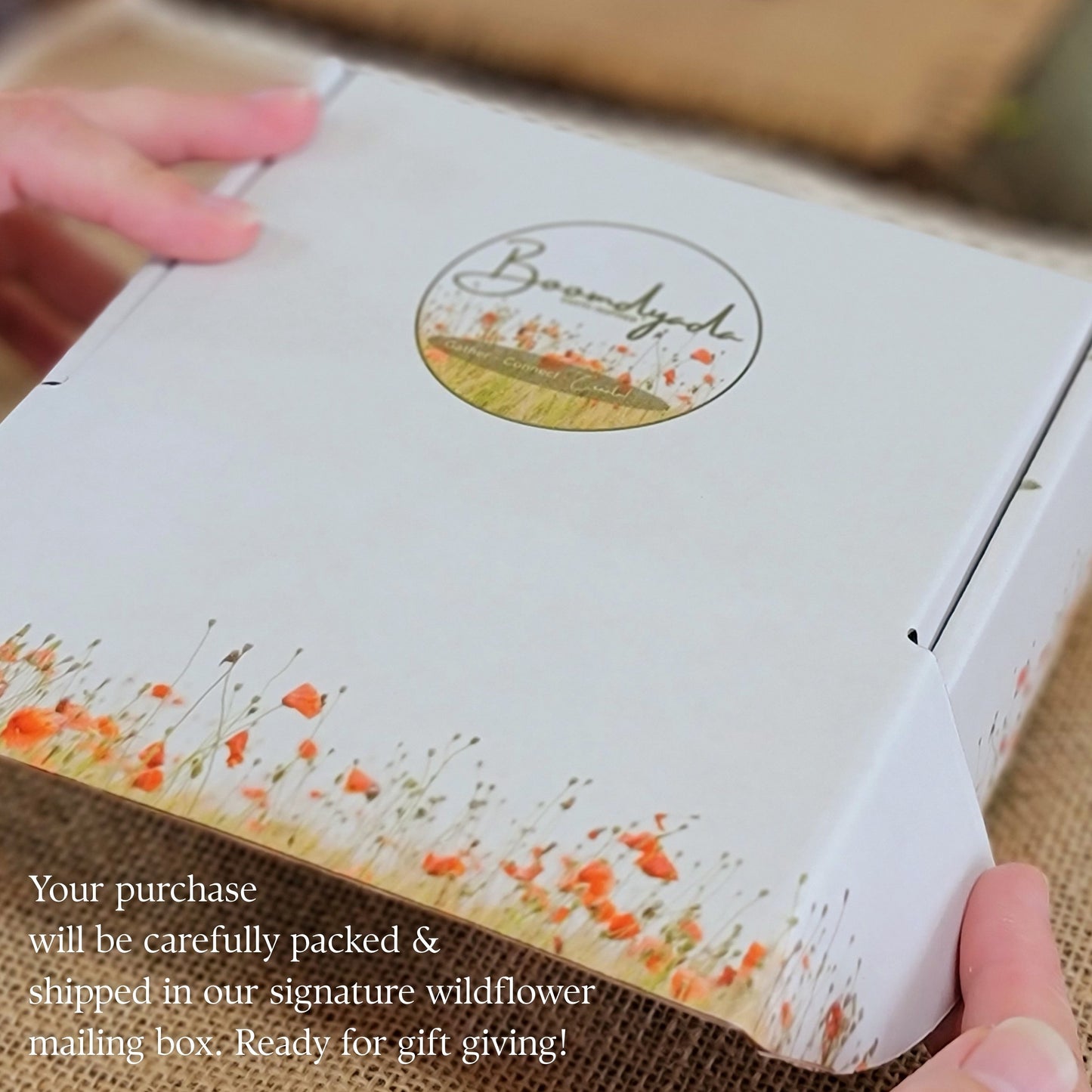 Your jewelry will be carefully packed & shipped in our signature wildflower mailing box. Ready for gift giving! Ivory box with a peach poppy field and grasses along the bottom that complement our Boomdyada logo on the top of the box.