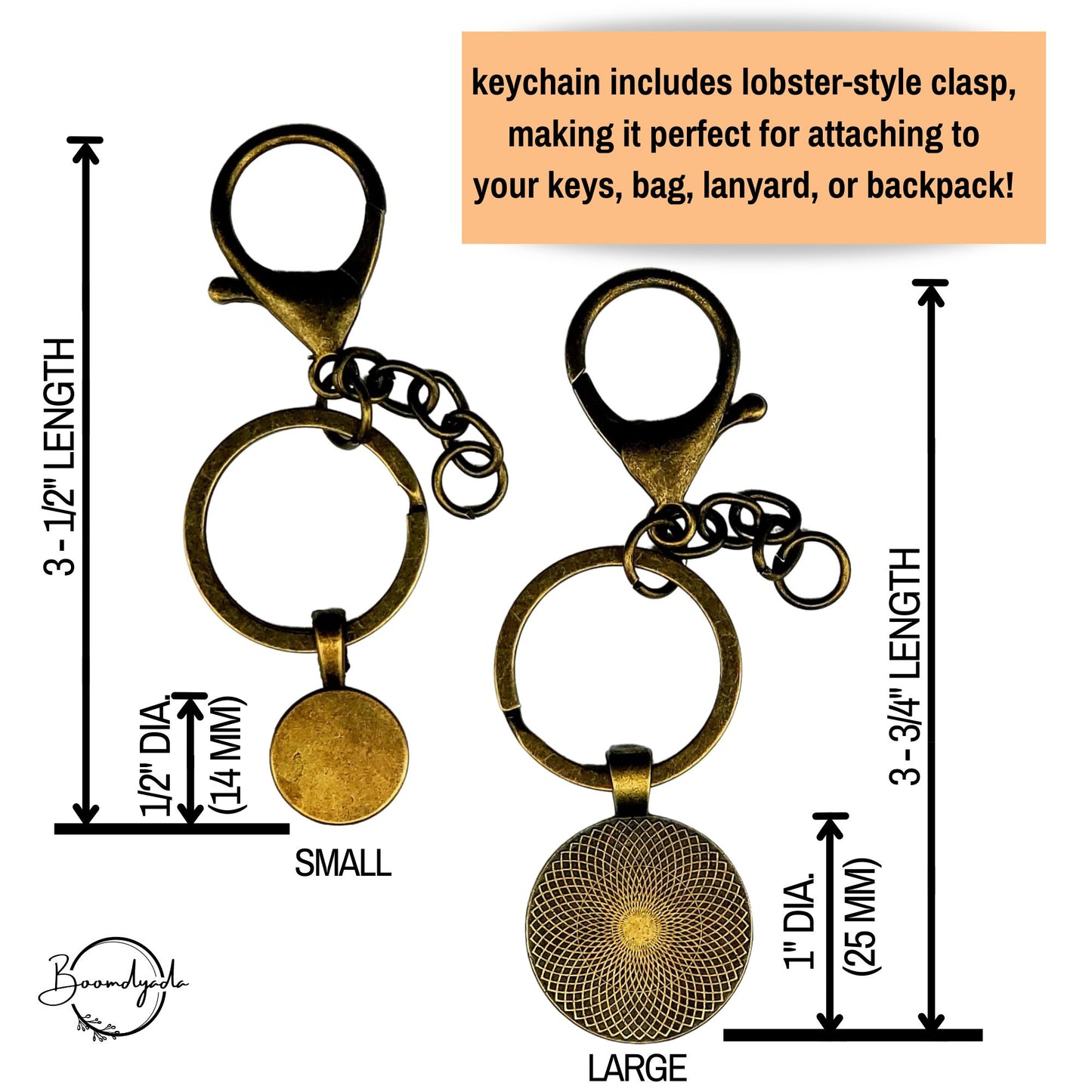 Two bronze mustard seed keychains shown side by side for size comparison. The left keychain is labeled "Small" with a 1/2-inch (14mm) charm and 3.5-inch total length. The right keychain is labeled "Large" with a 1-inch (25mm) charm and 3.75-inch total length. Both feature lobster-style clasps and round key rings. Text overlay highlights product dimensions and versatile use for keys, bags, lanyards, or backpacks.