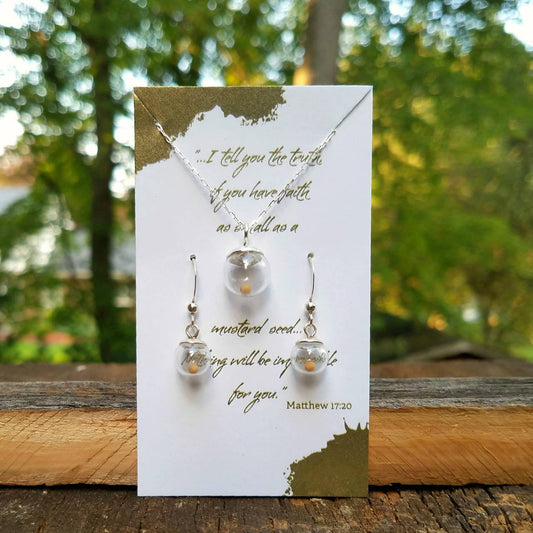 Mustard seed jewelry set, sterling mustard seed necklace and earring set, faith jewelry set, Mothers Day, Baptism, Confirmation