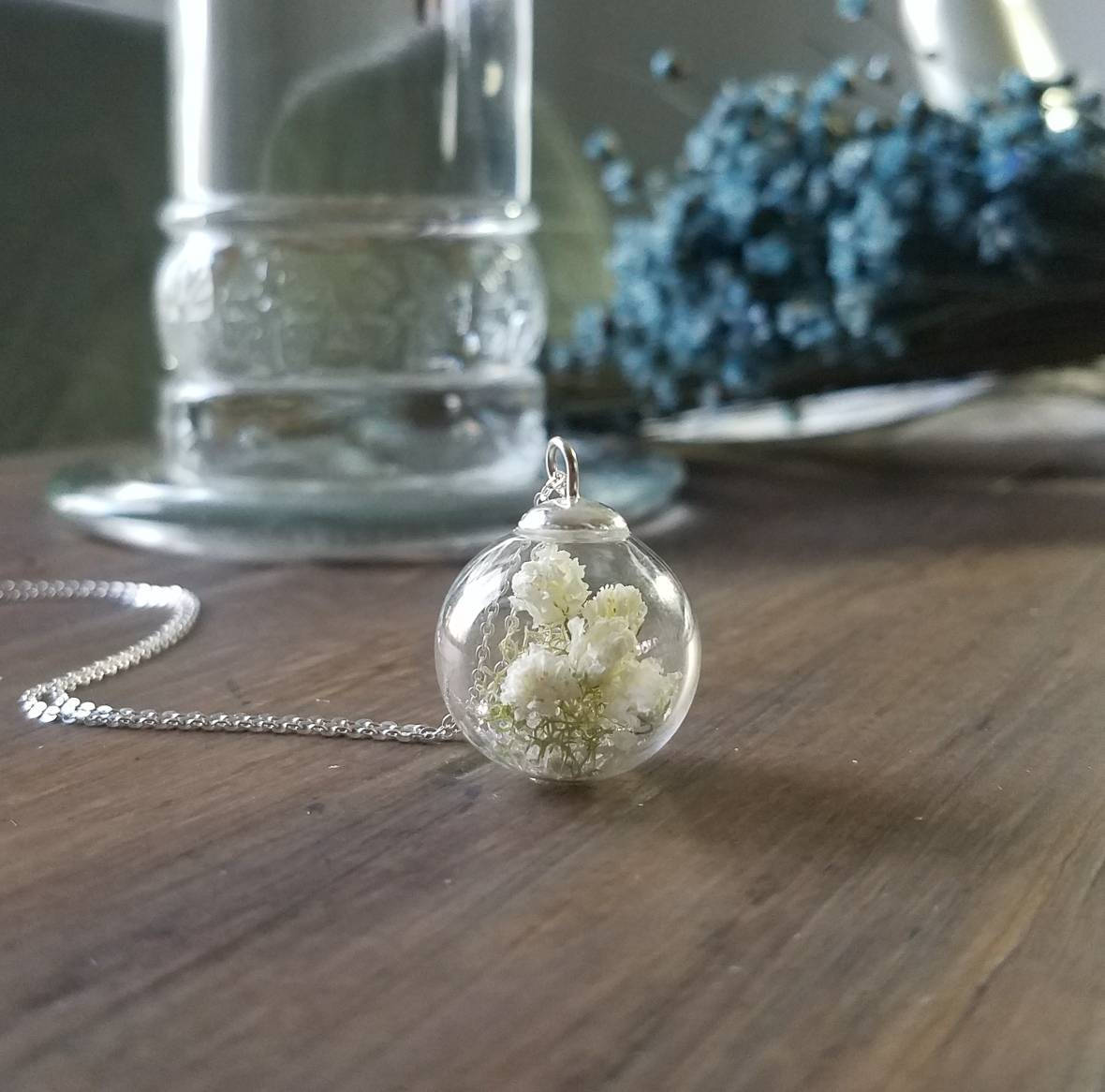 Expecting mom's gift, Baby's Breath and Sterling Silver necklace, terrarium, botanical dried flower necklace, Baby Shower, We're expecting!