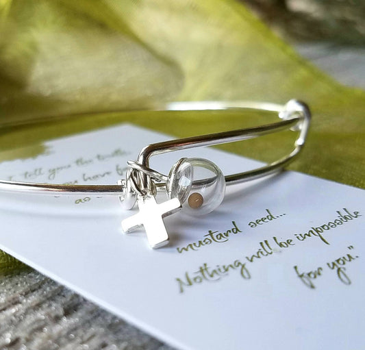 Mustard seed bracelet bangle with cross charm, sterling silver, faith jewelry for Easter, Mother's Day, inspiration, encouragement, baptism.