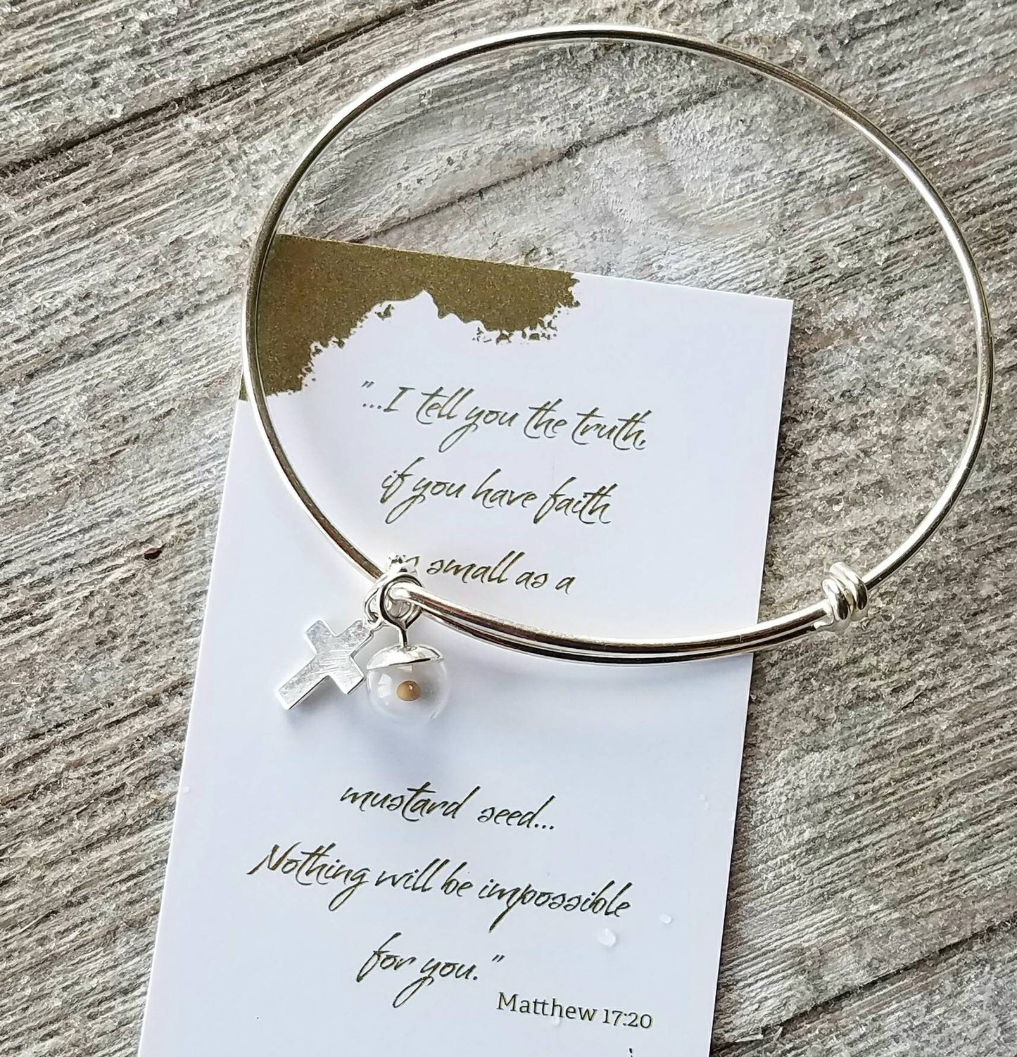 Mustard seed bracelet bangle with cross charm, sterling silver, faith jewelry for Easter, Mother's Day, inspiration, encouragement, baptism.