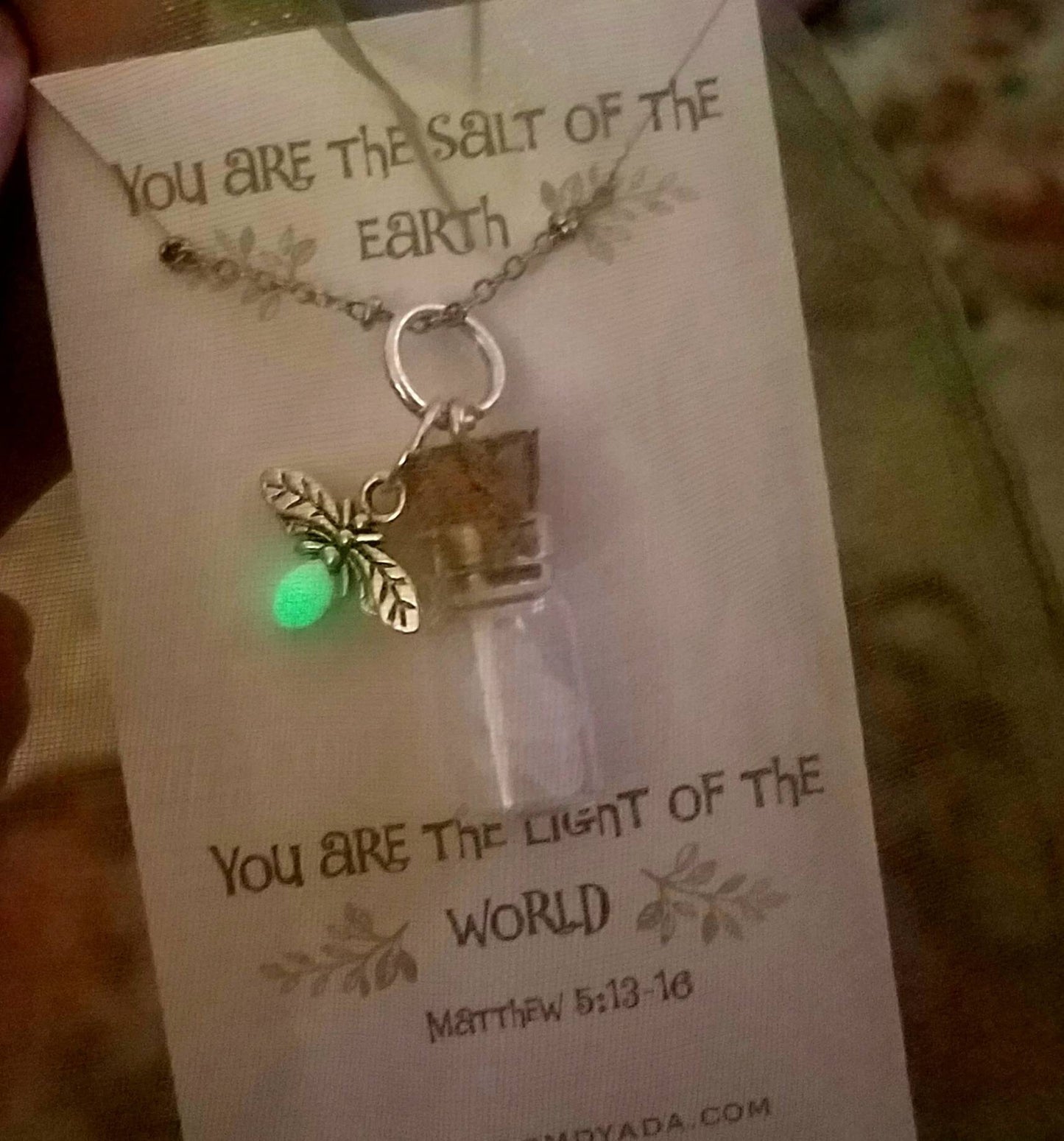 Salt and light terrarium necklace, glow-in-the-dark firefly charm ,"You are the light of the world", faith necklace, graduation, inspiration