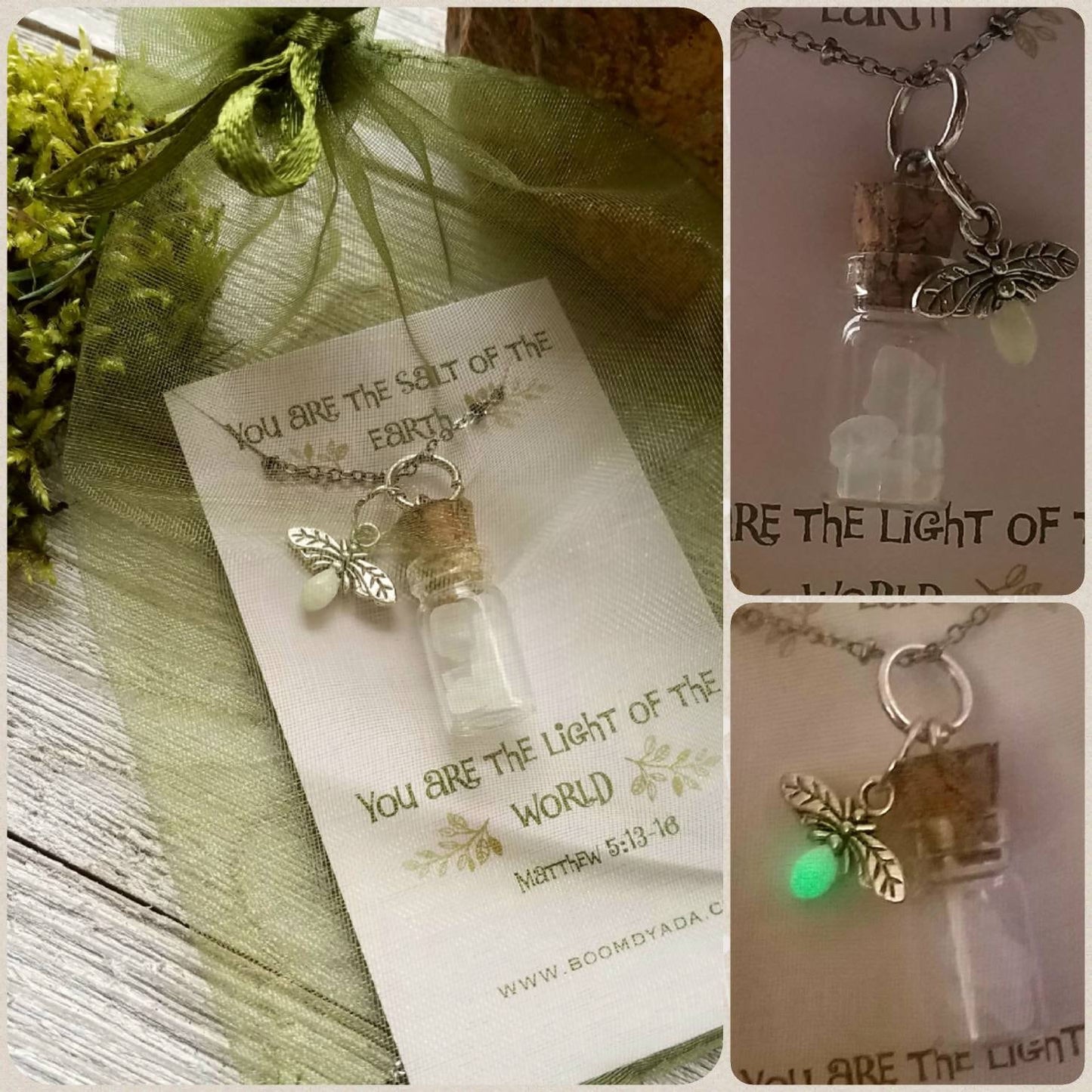 Salt and light terrarium necklace, glow-in-the-dark firefly charm ,"You are the light of the world", faith necklace, graduation, inspiration