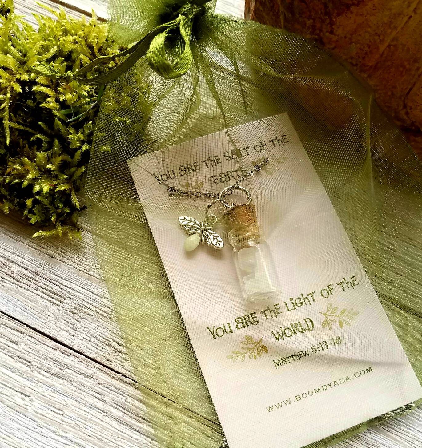 Salt and light terrarium necklace, glow-in-the-dark firefly charm
