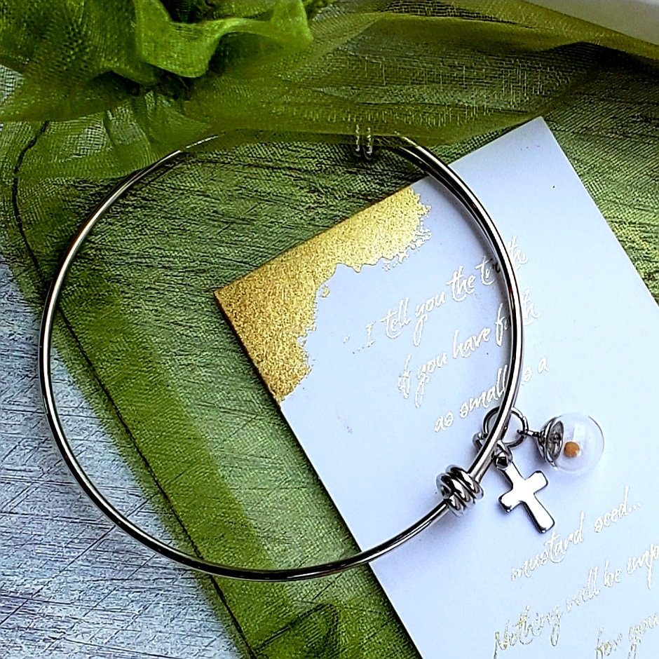 Mustard seed charm bracelet bangle, stainless steel with mustard seed charm and cross charm, faith jewelry, inspiration, encouragement