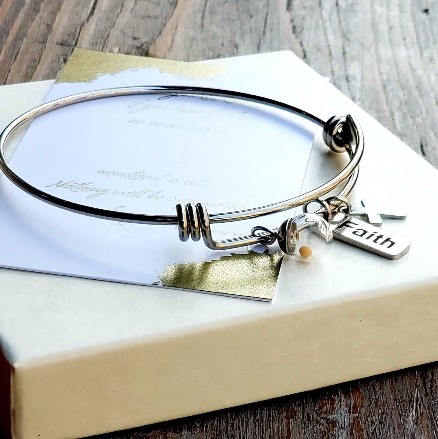 Mustard Seed Charm Bangle Bracelet by Boomdyada, Stainless Steel, Mustard Seed Charm, Cross Charm, Faith Charm, Christian Jewelry